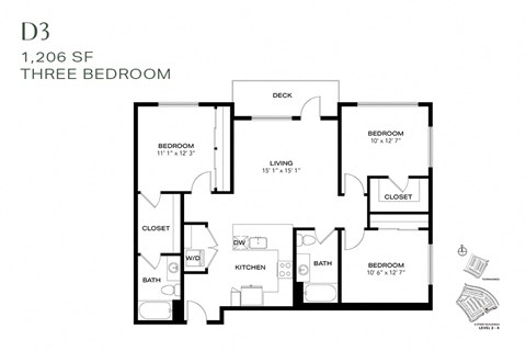 Floor plan for 3 beds, 2 baths, 1206 sqft